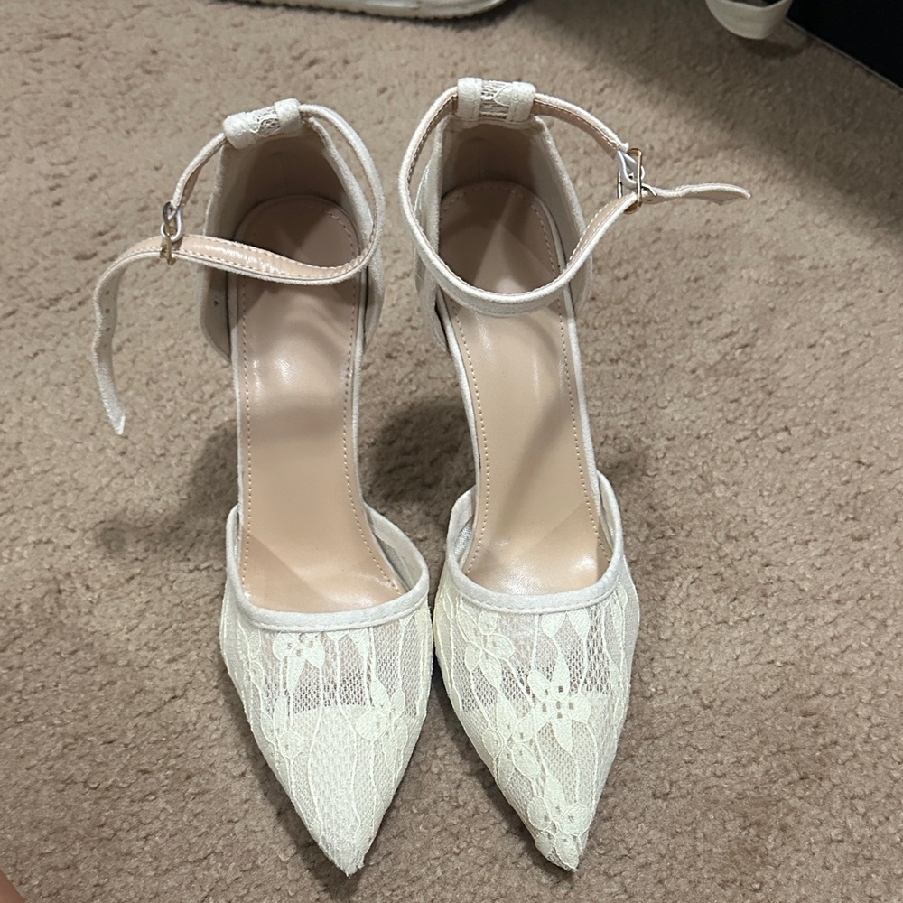 SHEIN Cream Lace Ankle Strap Heels